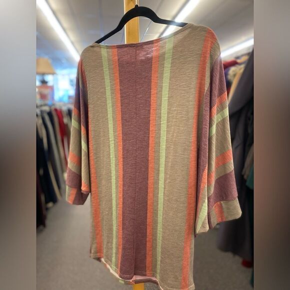 First Love Ladies LG Tan & Orange Striped Blouse - Picture 4 of 5